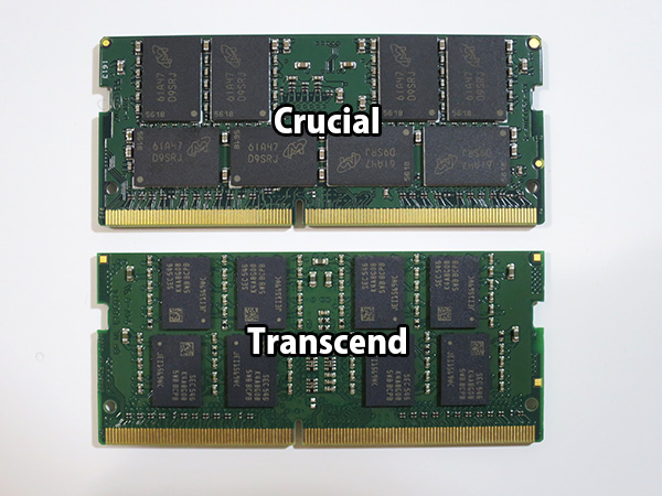 トランセンドとクルーシャルのメモリ チップの大きさが微妙に違う